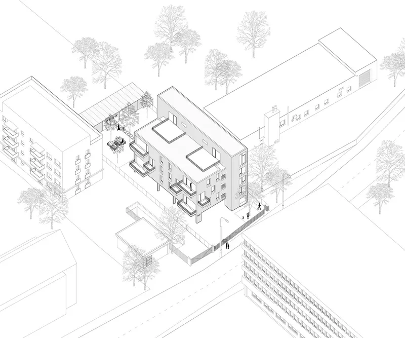 Axonometric drawing of a courtyard housing block surrounded by trees and neighboring buildings