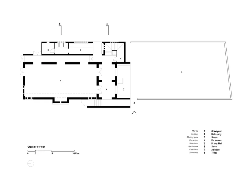 Ground floor plan drawing showing graveyard, meeting spaces, prayer hall and forecourt with labeled rooms