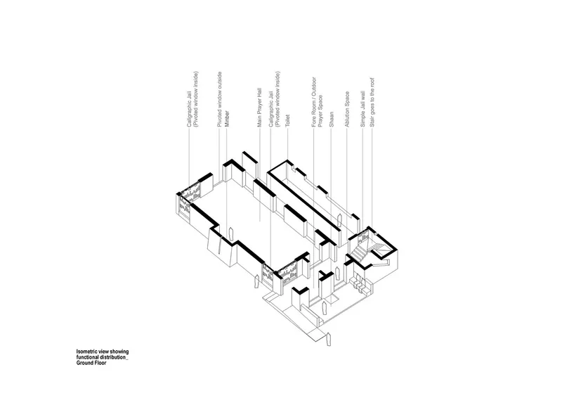 Isometric view drawing showing functional distribution across ground floor rooms including graveyard and prayer spaces
