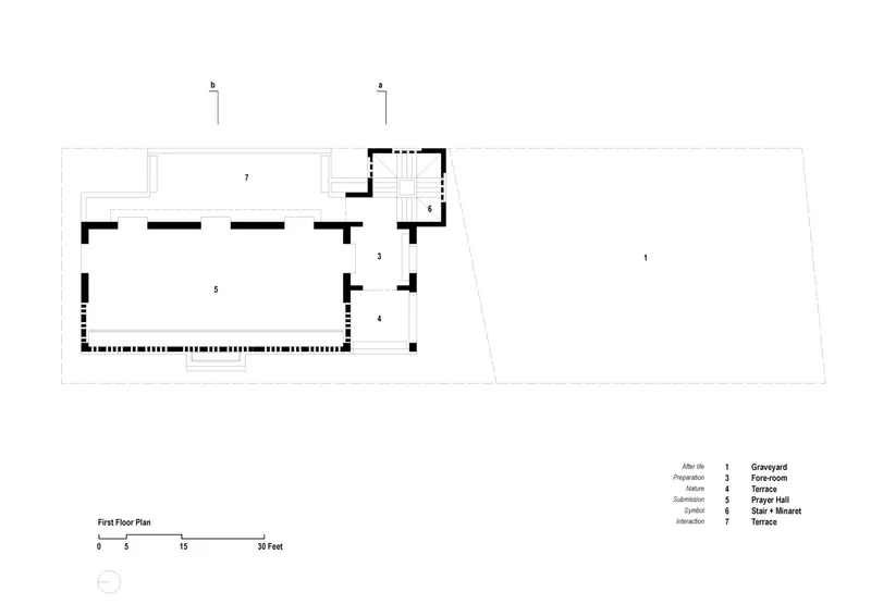 First floor plan drawing showing graveyard, forecourt, prayer hall and minaret terrace with staircase