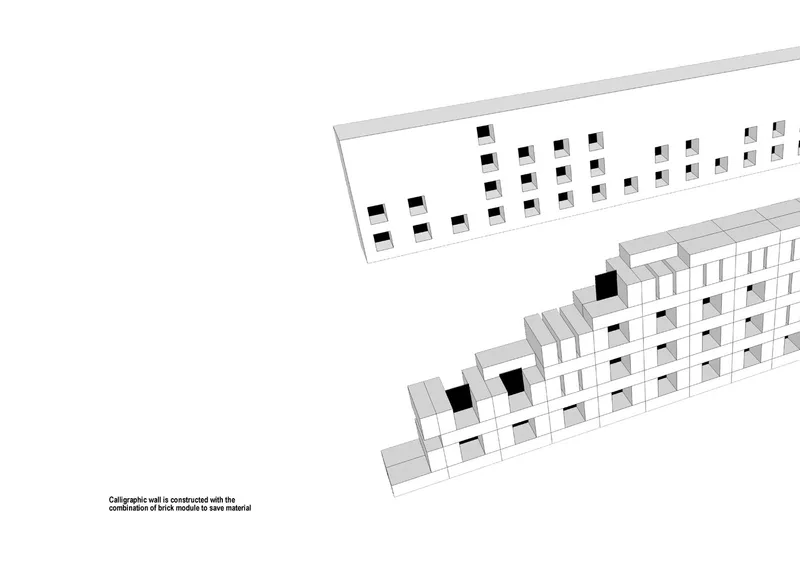 Axonometric drawing showing modular brick units arranged in a staggered pattern with recessed openings