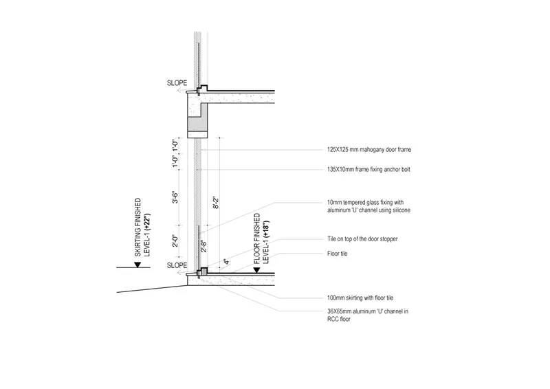 Section detail drawing of a glass door frame with mahogany surround and aluminum floor channel