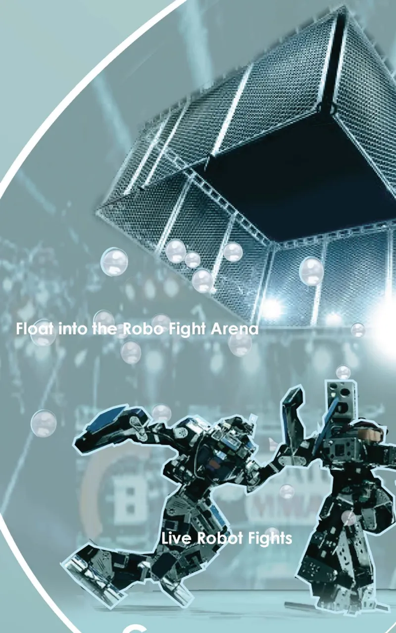 Wireframe mesh structure suspended above arena floor with robotic figures below