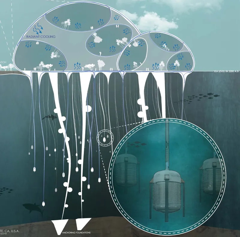 Section drawing showing floating platforms above water with underwater anchoring system and sea level datum