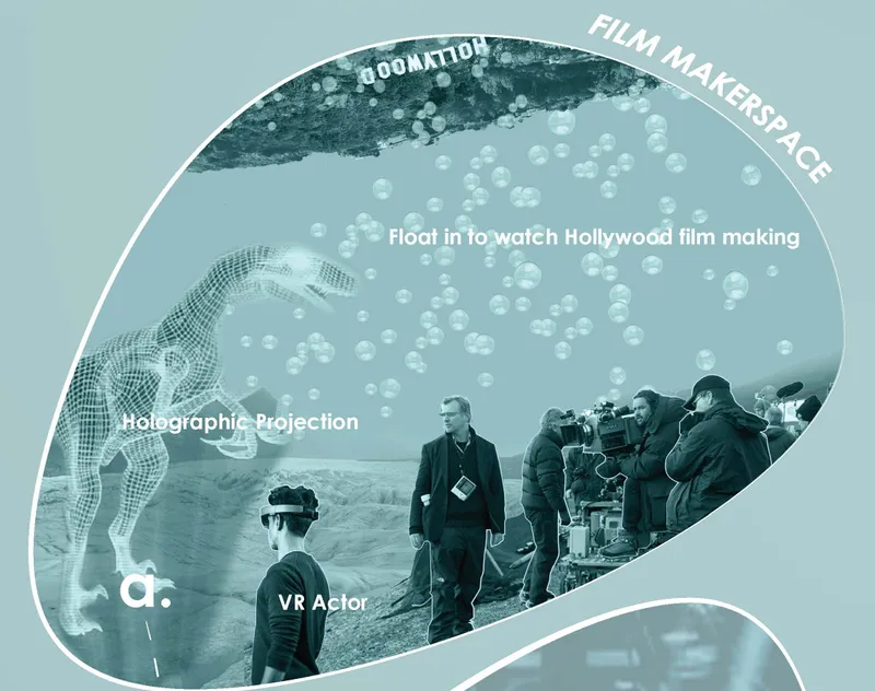 Diagram showing holographic projection and VR actor overlaid on film crew in desert landscape