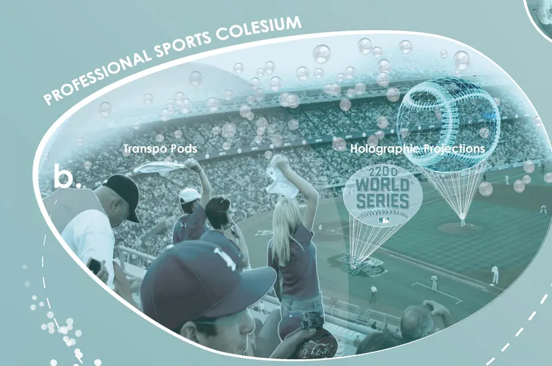 Diagram of sports stadium seating with holographic projections and transport pods above playing field