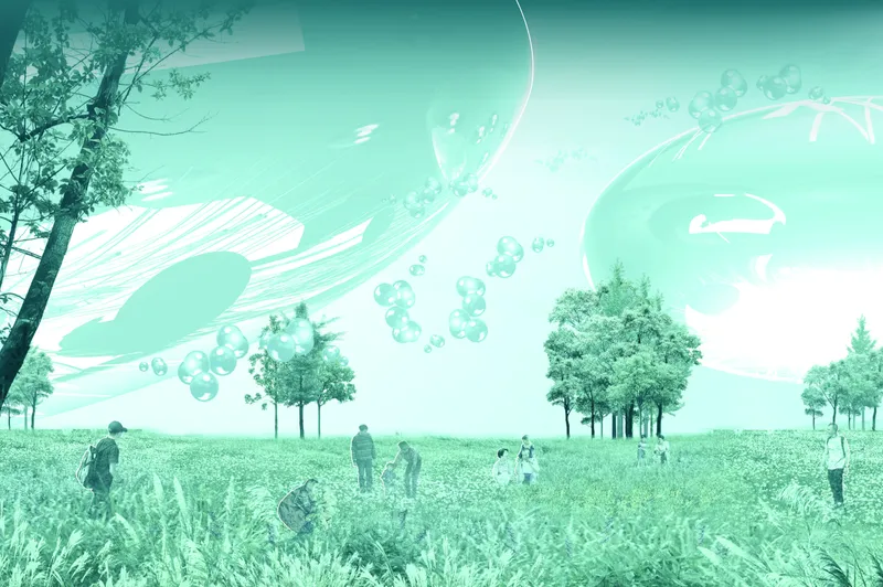 Rendering of floating organic forms above parkland with scattered trees and walking figures