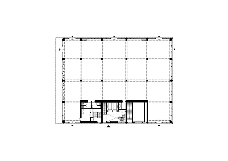 Floor plan drawing showing a corner core with open floor plate and structural grid