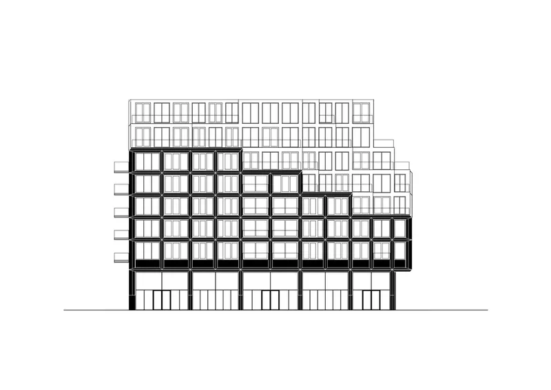 Elevation drawing showing a terraced facade with diagonal setbacks and repetitive window modules
