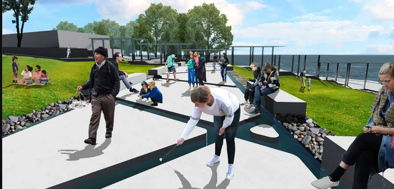 Rendering of a looping white pathway with people walking across a grassy lawn by the water