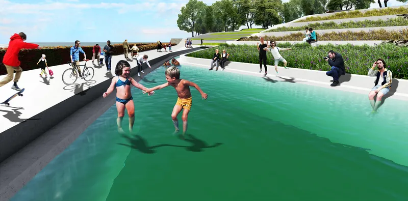Rendering of children playing in a linear water feature with planted terraces and trees beyond