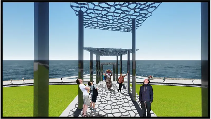 Covered pavilion with organic patterned canopy supported by columns overlooking the waterfront