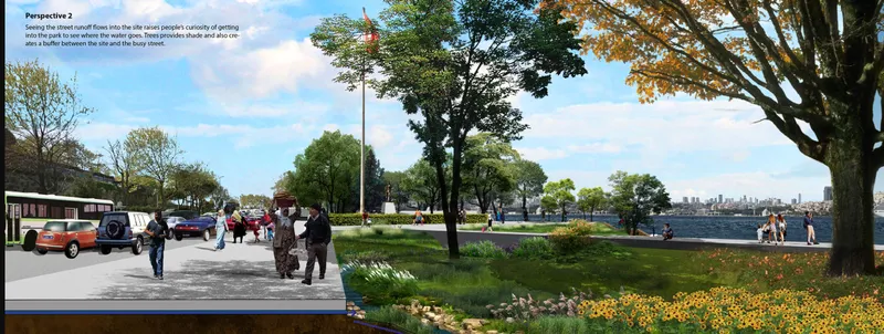 Rendering of a waterfront park with flowering meadows and mature trees framing the view