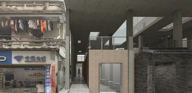 Narrow alley between existing buildings with terrazzo-clad volume and overhead skylights