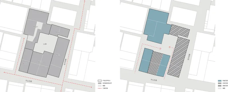 Site plan drawing showing new building footprints in blue within an existing urban block
