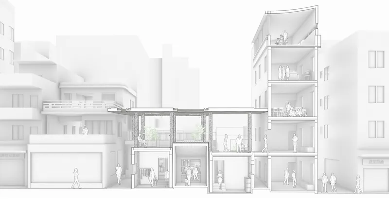 Section drawing showing multi-level interior spaces with figures and adjacent buildings