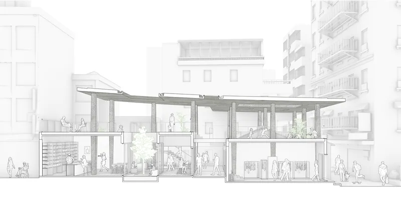 Section drawing revealing double-height spaces beneath a thin cantilevered roof with planters