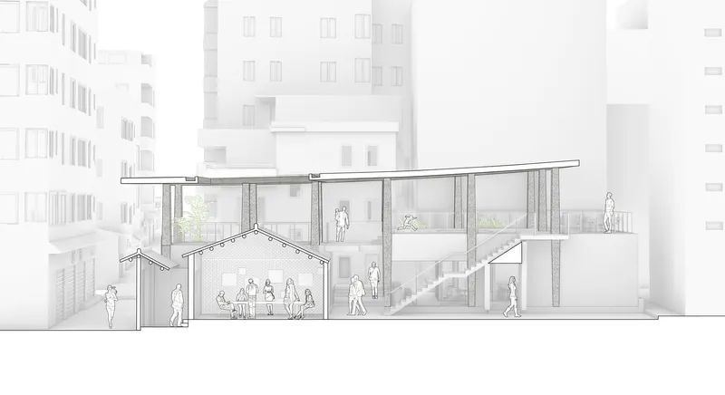 Section drawing showing multilevel interior spaces with staircase, figures, and surrounding residential buildings
