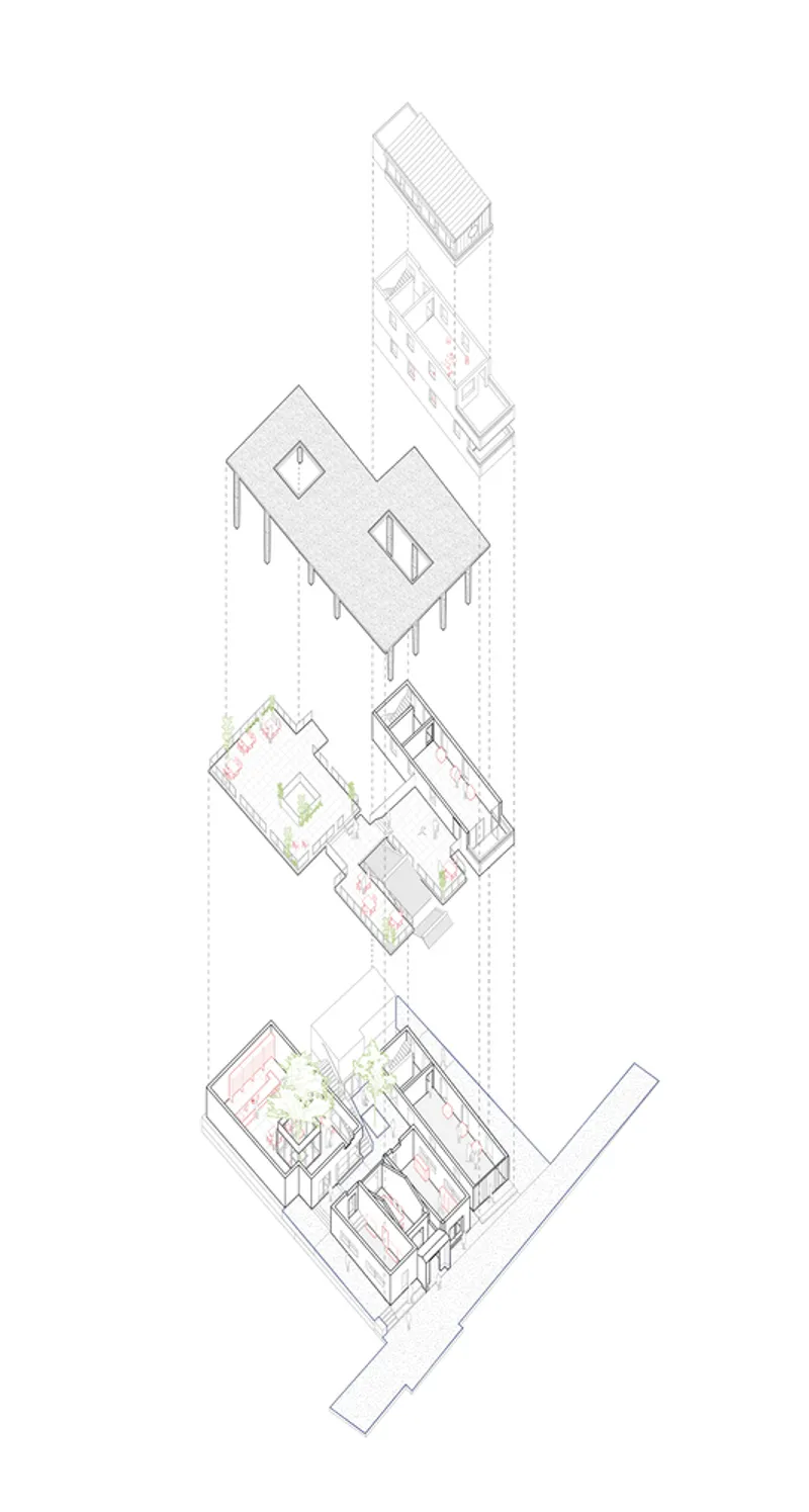 Axonometric drawing showing exploded floor levels of a multi-story building with interior courtyards