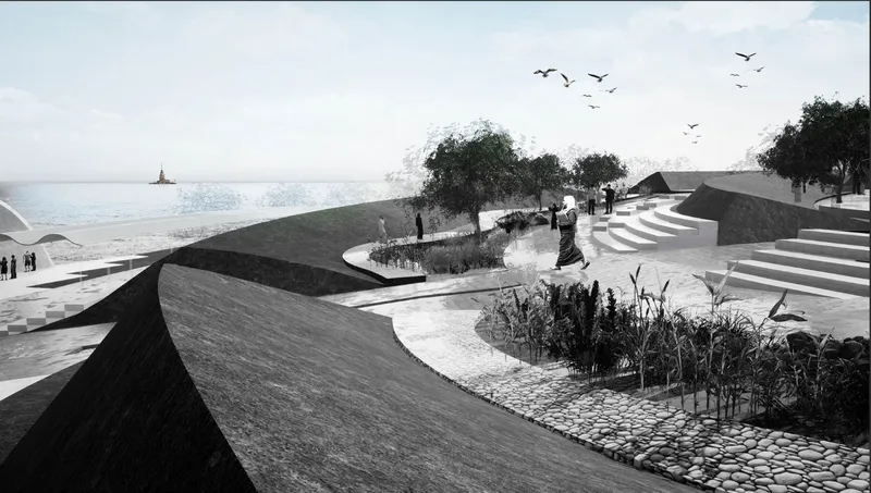 Curving planted pathways with grasses and paved terraces descending toward the ocean with birds overhead