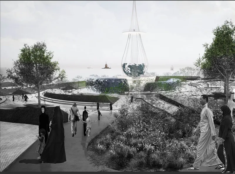 Terraced landscape with suspended teardrop pavilion and visitors in traditional dress along waterfront promenade
