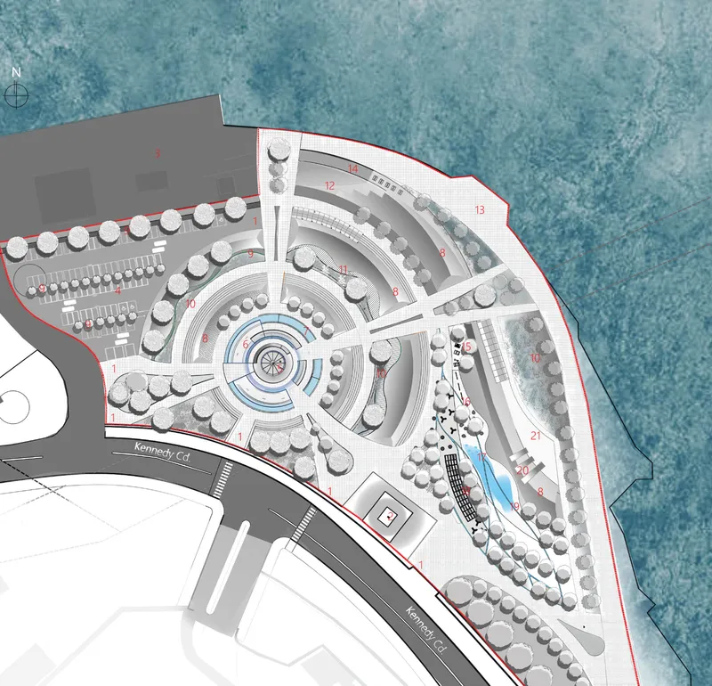 Site plan drawing showing concentric semicircular arrangement with central tower adjacent to waterfront edge