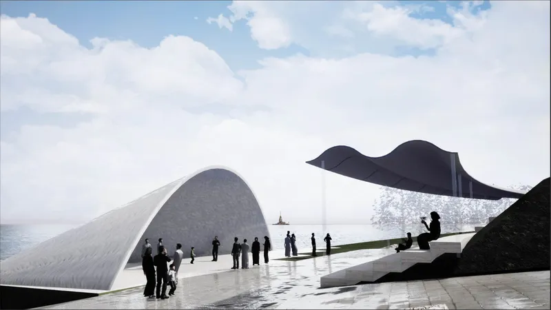 Undulating canopy shelters and dome pavilion along white plaza overlooking coastal horizon under afternoon clouds