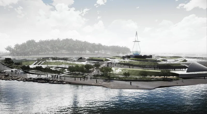 Waterfront view of landscaped peninsula with green roofs, central tower, and domed structure along shore
