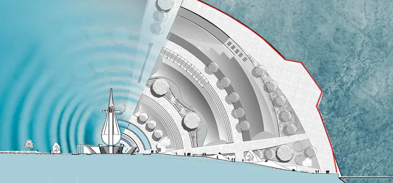 Section drawing showing curved amphitheater seating tiers descending toward waterfront with ripple pattern extending into water