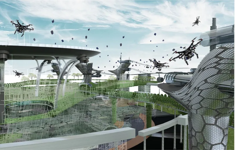 Aerial rendering of a canopy structure with latticed vertical towers and drones in flight overhead