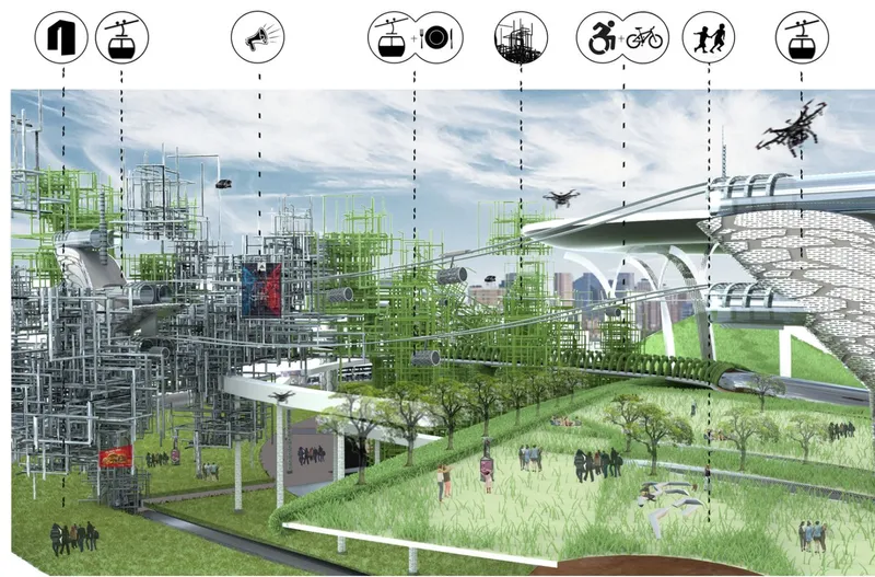 Site rendering showing terraced landscape with latticed towers, aerial gondolas, drones, and dispersed visitors below