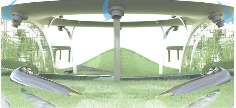 Sectional rendering showing a circular canopy supported by branching columns over terraced green mounds