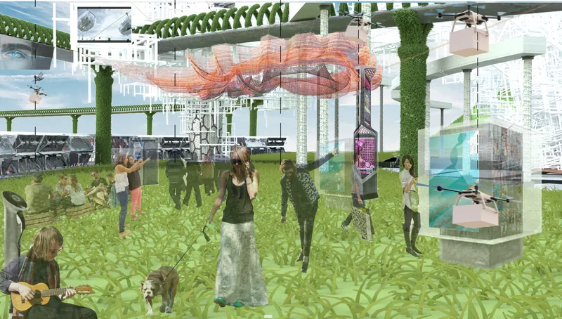 Rendering of an interior ground plane with figures among vegetation and a suspended orange mesh element