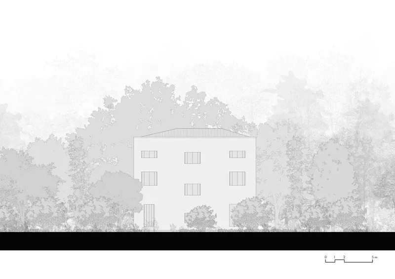 Elevation drawing showing a three-storey volume with a gabled roof set against rendered tree canopies
