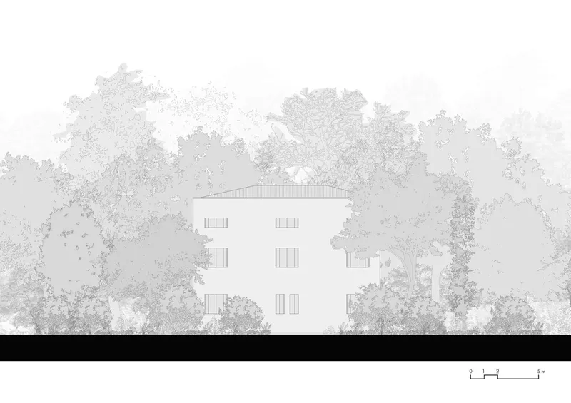 Elevation drawing depicting the building form nestled within silhouettes of mature vegetation