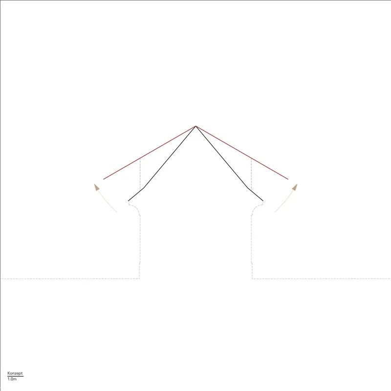 Section drawing showing the gabled roof structure with tilted planes and ridge beam