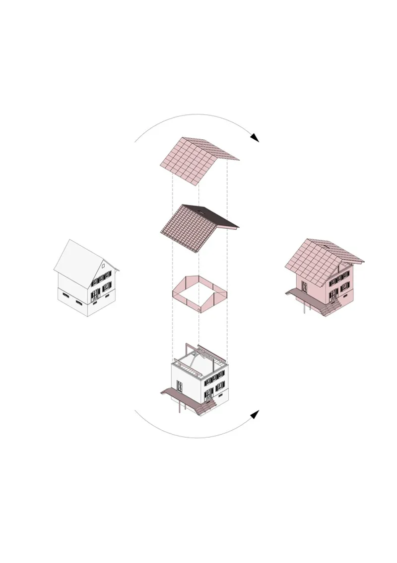 Axonometric drawing showing the assembly sequence of a gabled house with tiled roof