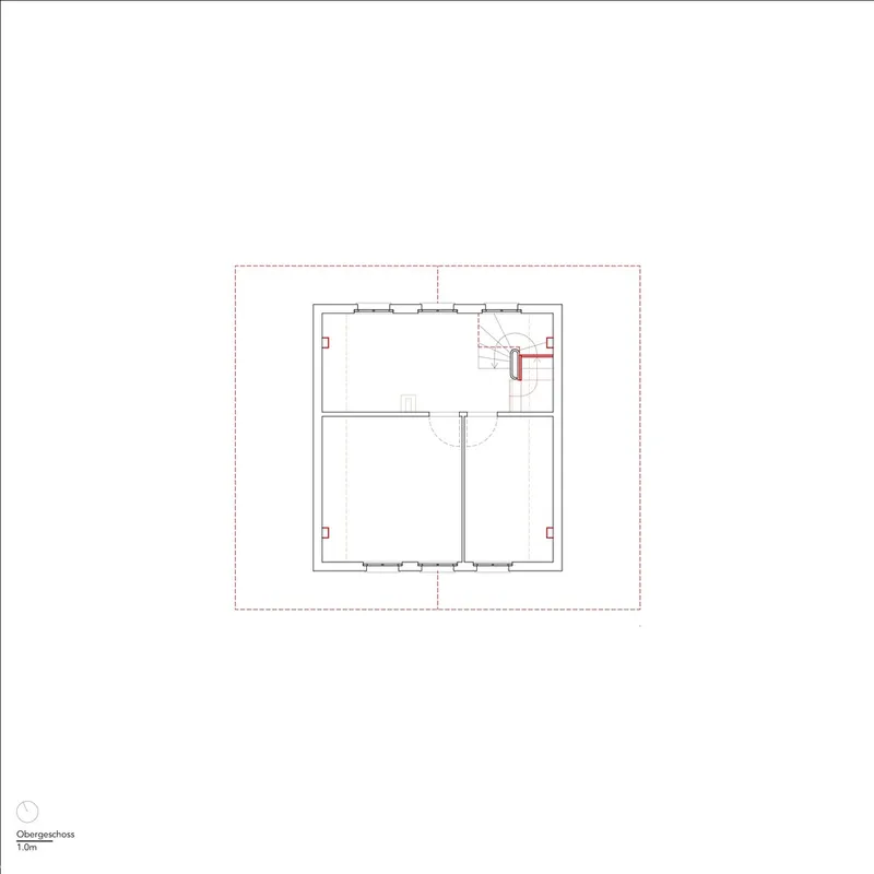 Floor plan drawing showing rectangular layout with central stair and corner element highlighted in red
