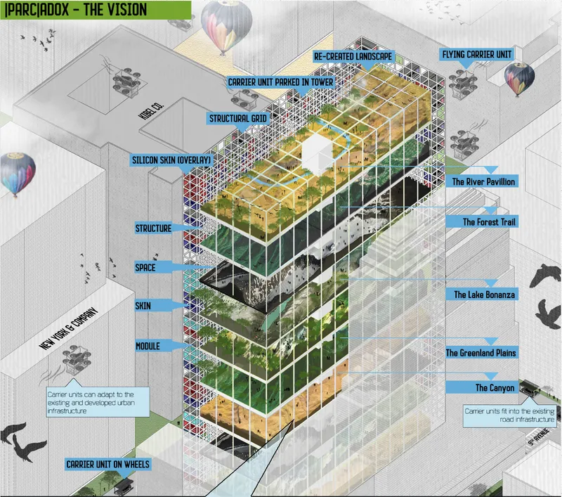 Axonometric drawing showing a modular tower with integrated greenery and structural grid exposed on all sides
