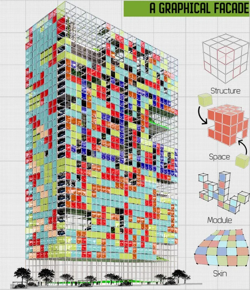 Isometric drawing of a tower with multicolored facade modules and exploded diagrams showing structural assembly