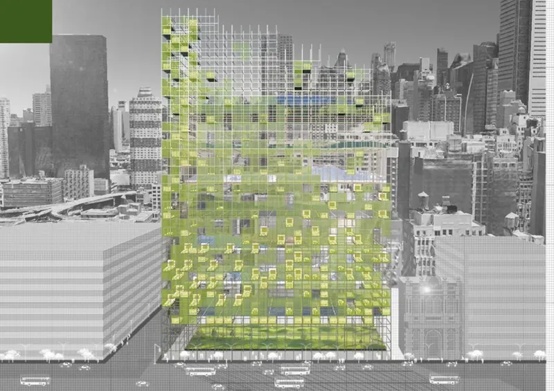 Street-level view of a gridded green and yellow facade rising among neighboring black-and-white towers