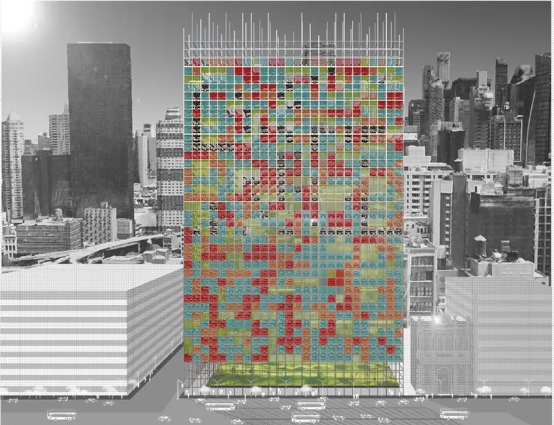 Facade elevation featuring multicolored modular panels in a pixelated pattern against a monochrome cityscape