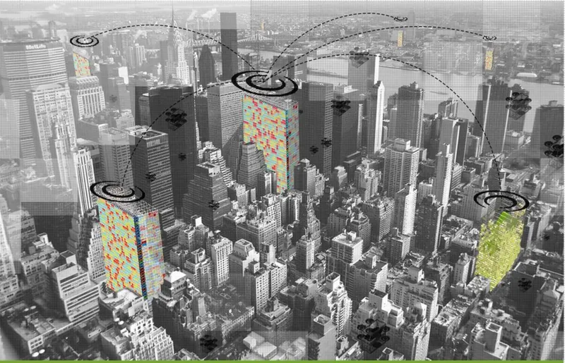 Aerial view of dense urban towers with colorful pixelated facades and drone paths indicated above