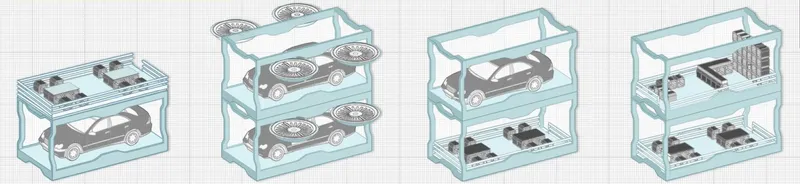 Axonometric diagrams showing multi-level parking structure with cars arranged on stacked platforms