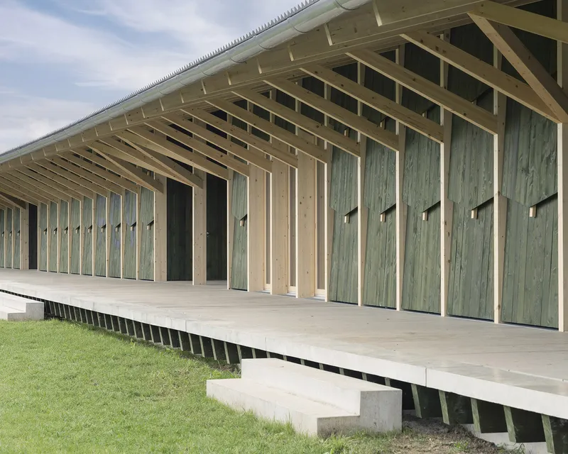 Elevated timber deck on concrete piers with green cladded facade and exposed rafter structure