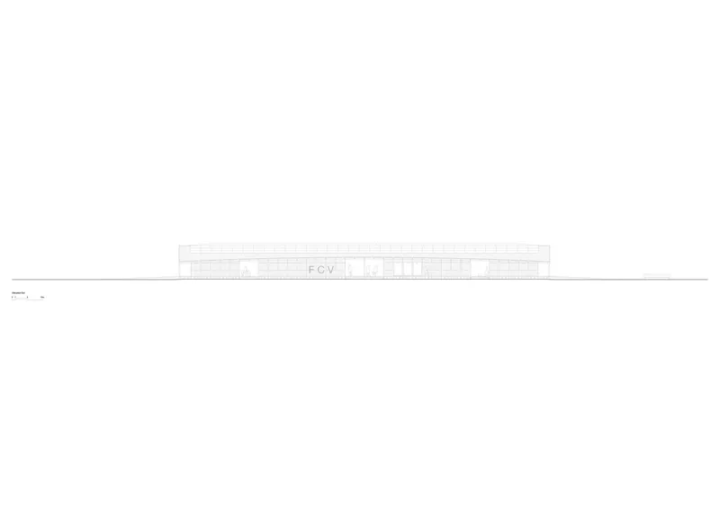 Elevation drawing of a low horizontal building with central entrance and uniform fenestration pattern
