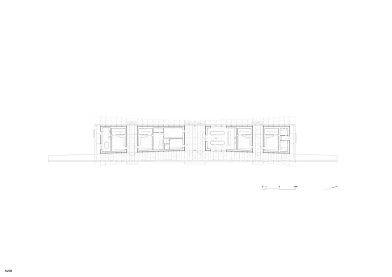Longitudinal section drawing showing a series of connected pavilions with pitched roofs