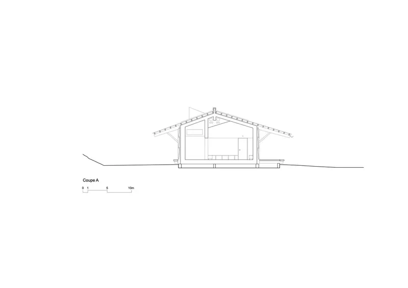 Section drawing through a gabled structure revealing interior volumes and exposed timber roof framing