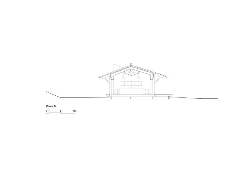 Section drawing showing a pitched roof building with central mezzanine and ground level spaces