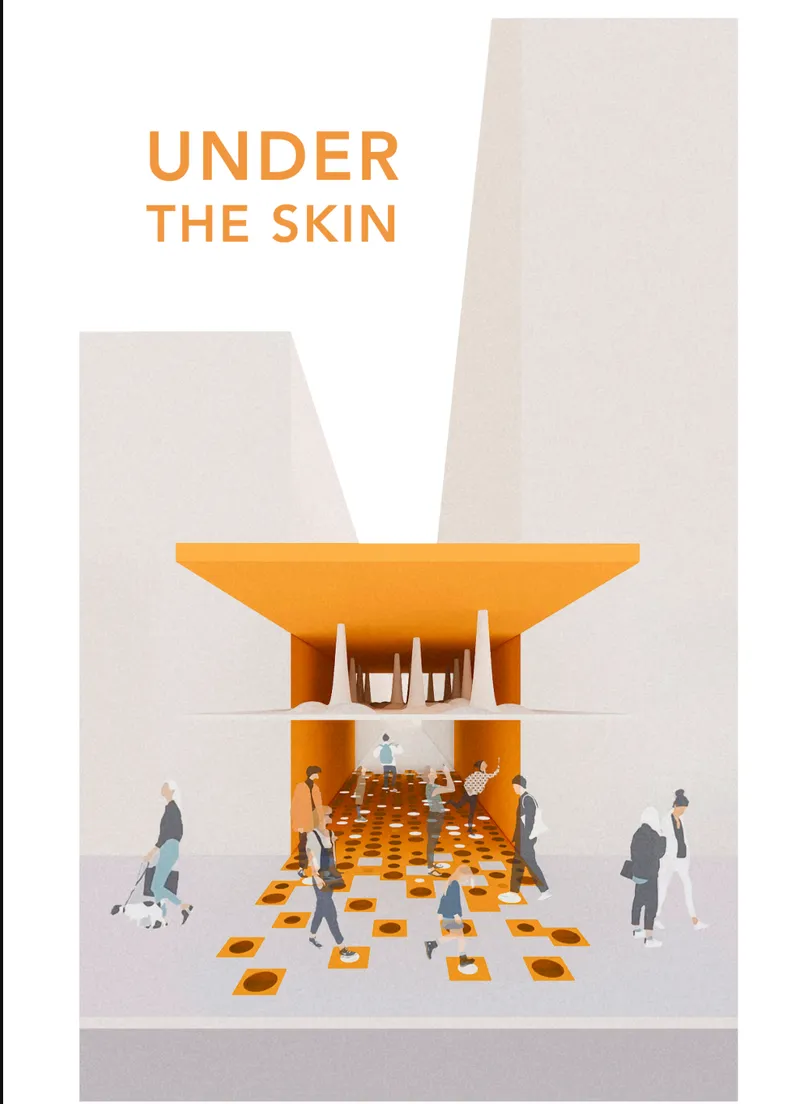 Section rendering showing a cantilevered canopy over a public plaza with orange patterned floor and visitors